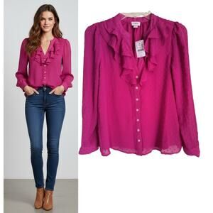 J.Crew Pink Swiss Dot Ruffle Blouse XXS NWT Long Sleeve Button Down